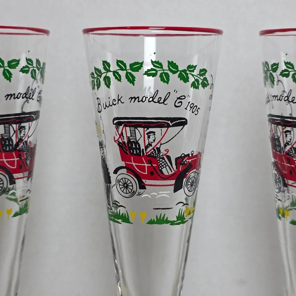 VTG Buick Model C 1905 Pilsner Glasses Red Rim Stemmed Set of 3‎ Barware Retro